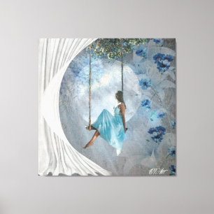 A woman in a blue dress on a swing canvas print