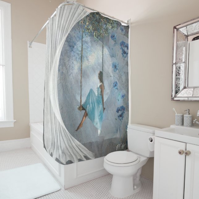 A woman in a blue dress on a swing  shower curtain (In Situ)