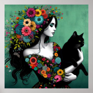 A Woman in a Floral Dress Holding a Cat Poster