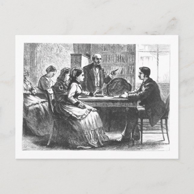 A woman negotiates with a factory manager, assiste postcard (Front)