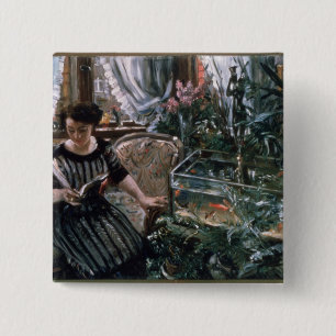 A Woman Reading near a Goldfish Tank 15 Cm Square Badge