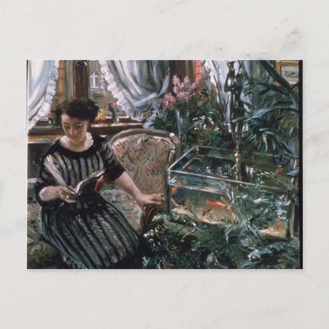 A Woman Reading near a Goldfish Tank Postcard (Front)