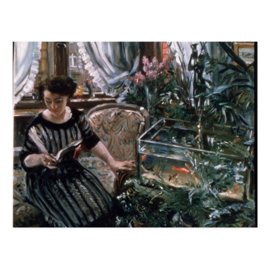 A Woman Reading near a Goldfish Tank Postcard