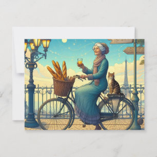 A woman riding a bicycle cat postcard