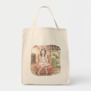 a woman sitting on a small red sofa in a dull room tote bag