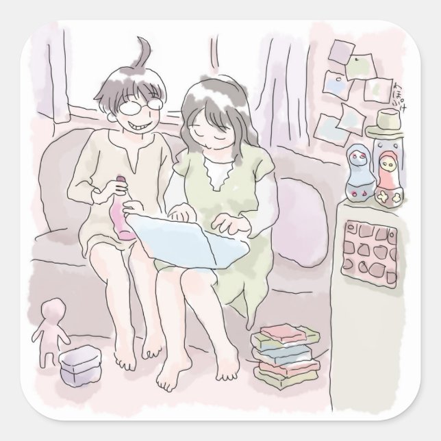 A woman sitting on a sofa in a dirty old room and  square sticker (Front)