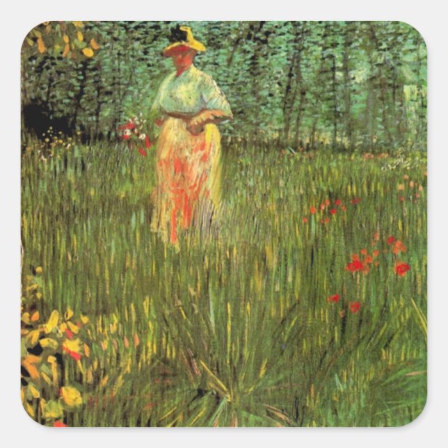 A Woman Walking in a Garden by Vincent van Gogh Square Sticker (Front)