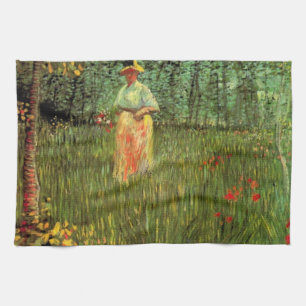 A Woman Walking in a Garden by Vincent van Gogh Tea Towel