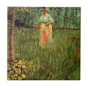 A Woman Walking in a Garden by Vincent van Gogh Tile