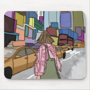 A woman walks down a bustling city street lined. mouse mat