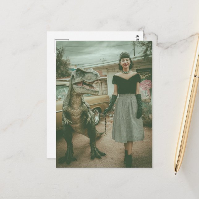 A woman walks her pet T-Rex Postcard (Front/Back In Situ)