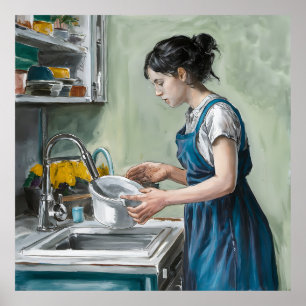 A woman washing dishes in a blue kitchen. poster