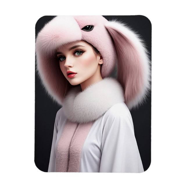 A woman wearing a rabbit hat magnet (Vertical)