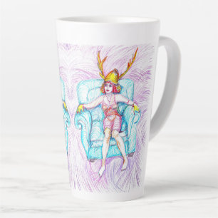 A woman wearing a samurai helmet latte mug