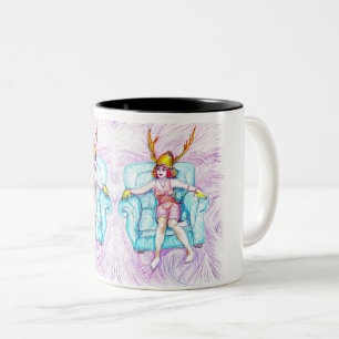 A woman wearing a samurai helmet Two-Tone coffee mug