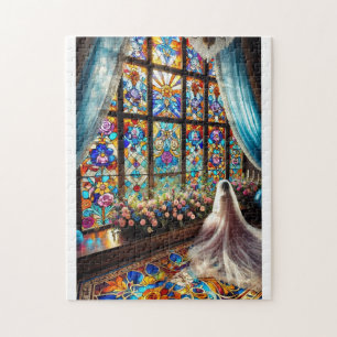 a woman who prays before a wedding jigsaw puzzle