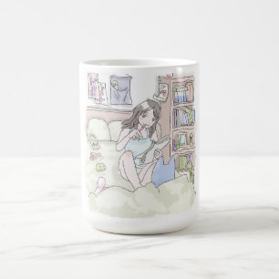 a woman who sits in a bed in a crabbed room and op coffee mug