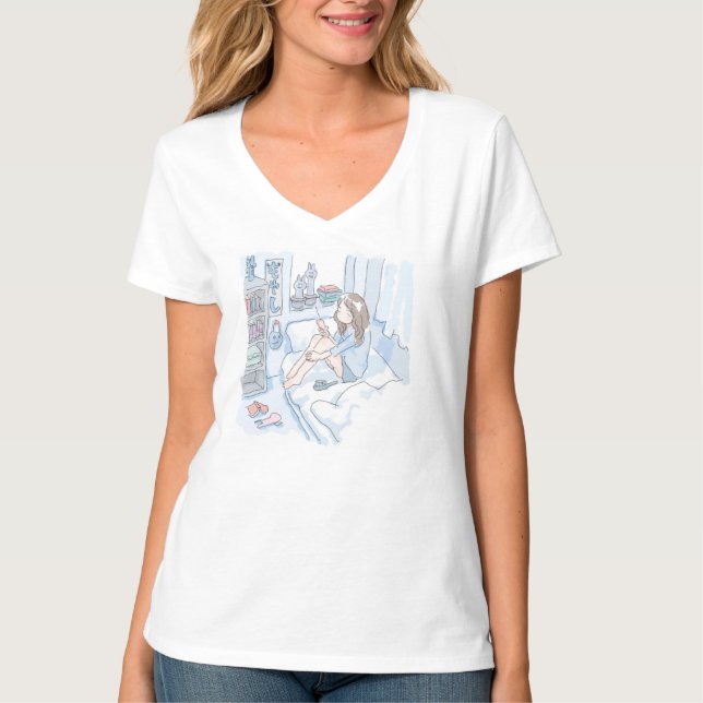 a woman who sits in a shabby blue bedroom and is d T-Shirt (Front)