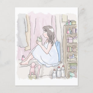 a woman who sits in the corner of a room and sips 