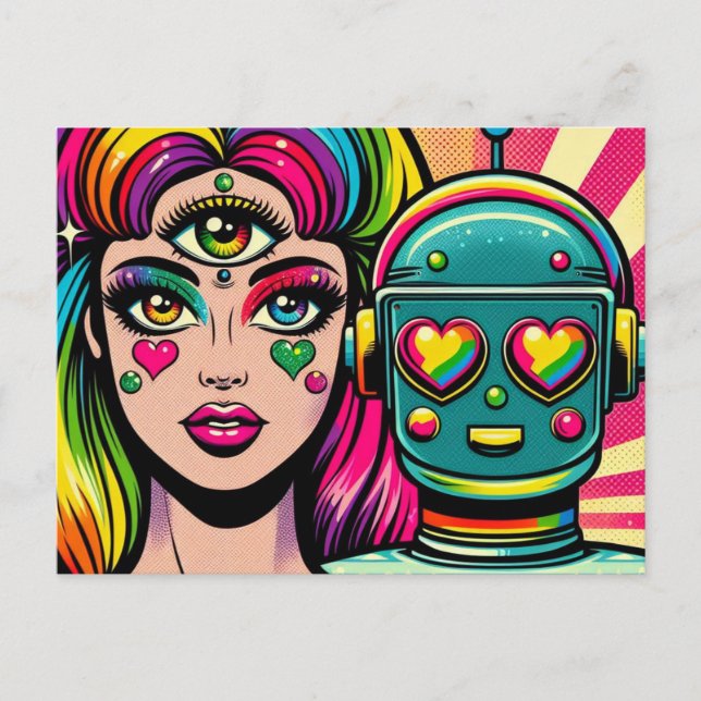A woman with a Third Eye and a robot Postcard (Front)