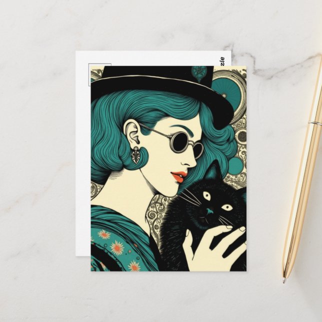 A woman with her black cat  postcard (Front/Back In Situ)