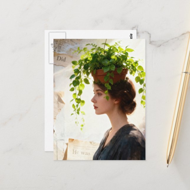 A Woman with  Houseplant on her Head Postcard (Front/Back In Situ)