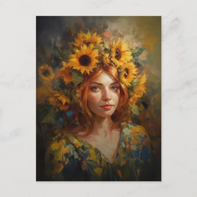 A Woman With Sunflowers in Her Hair Postcard (Front)