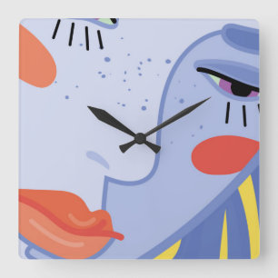 a woman's face with a bright lipstick. square wall clock