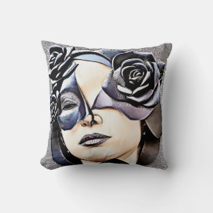 A woman's face with a leather mask and roses, cushion