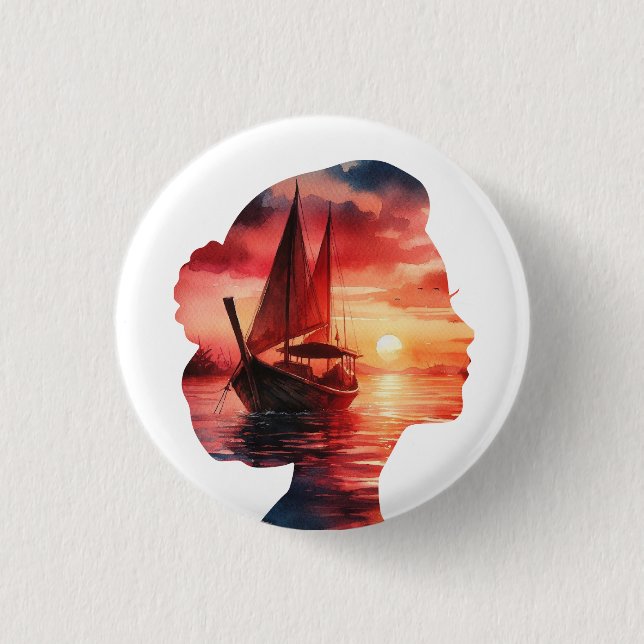 a woman's head enveloping a sunset with a sailboat 3 cm round badge (Front)