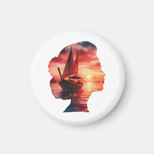 a woman's head enveloping a sunset with a sailboat magnet