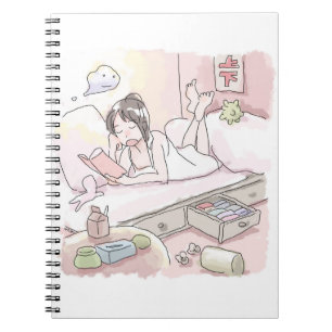 A woman's illustration of a pink bedroom lying dow notebook