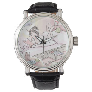 A woman's illustration of a pink bedroom lying dow watch