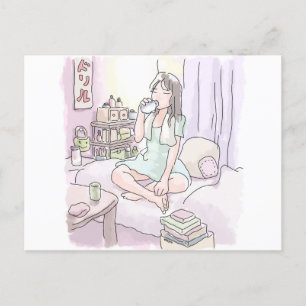 a woman's illustration of a woman who skips on a b holiday postcard