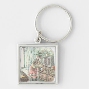 A woman's illustration of an old TV in a room with Key Ring