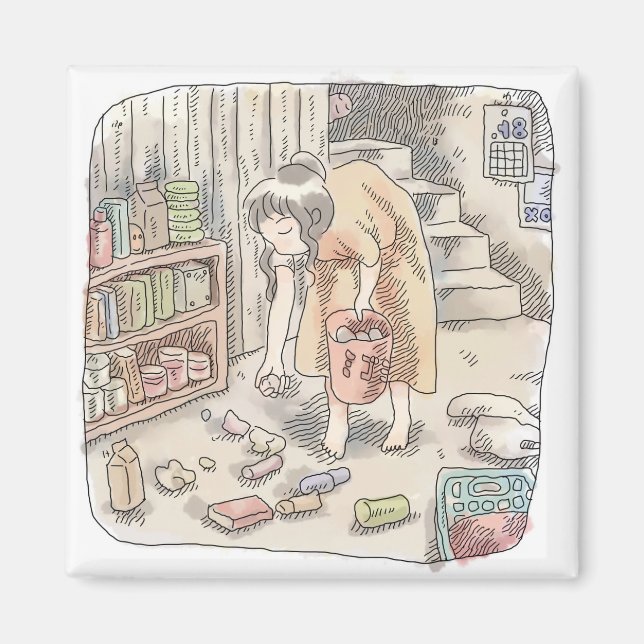 A woman's illustration of picking up trash lying b magnet (Front)