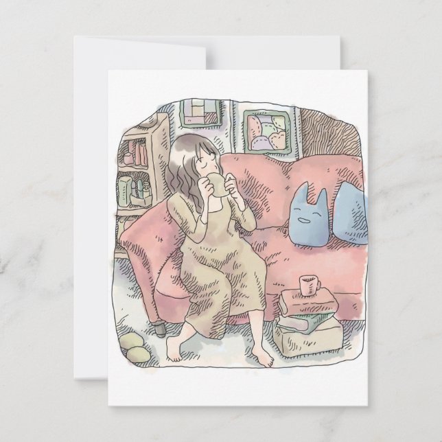 a woman's illustration of sitting or making cups o card (Front)