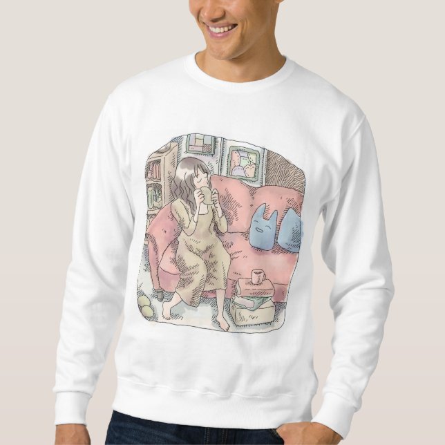 a woman's illustration of sitting or making cups o sweatshirt (Front)