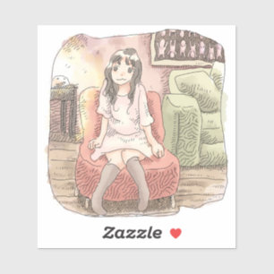 a woman's illustration sitting on a small red sofa