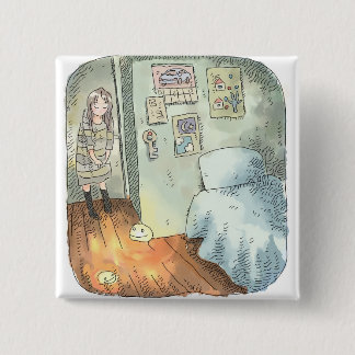 a woman's illustration standing in a corner in a r 15 cm square badge