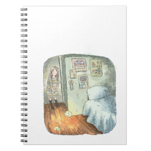 a woman's illustration standing in a corner in a r notebook