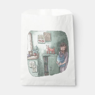 a woman's illustration that closes her eyes with a favour bags