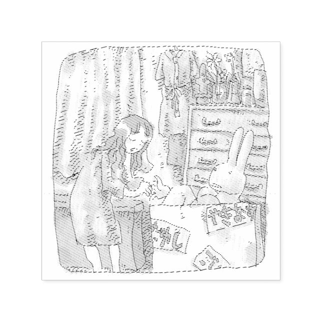 a woman's illustration that reaches for a rabbit i self-inking stamp (Design)