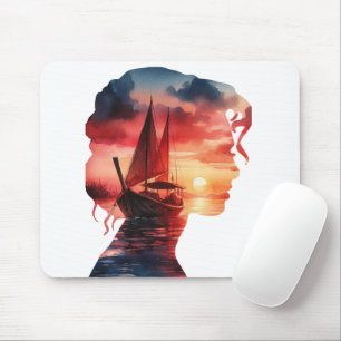a woman's mask enveloping a sailboat at sunset mouse mat