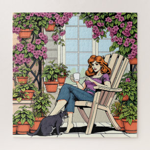 A Women with Coffee, Cat and Plants Jigsaw Puzzle