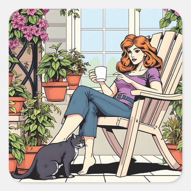 A Women with Coffee, Cat and  Plants Square Sticker (Front)
