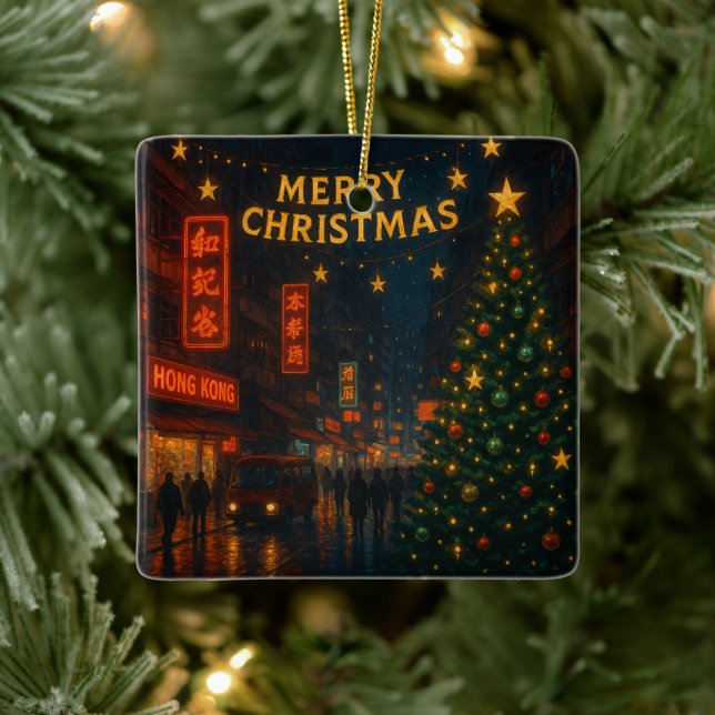 A wonderful Hong Kong street Christmas night Ceramic Ornament (Tree)