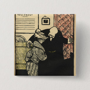 A worthy man ushers a young woman into his 15 cm square badge