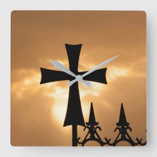 A Wrought-iron Cross on a Fence Square Wall Clock