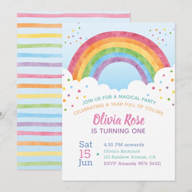 A Year Full of Colours | Rainbow First Birthday In Invitation (Front/Back)
